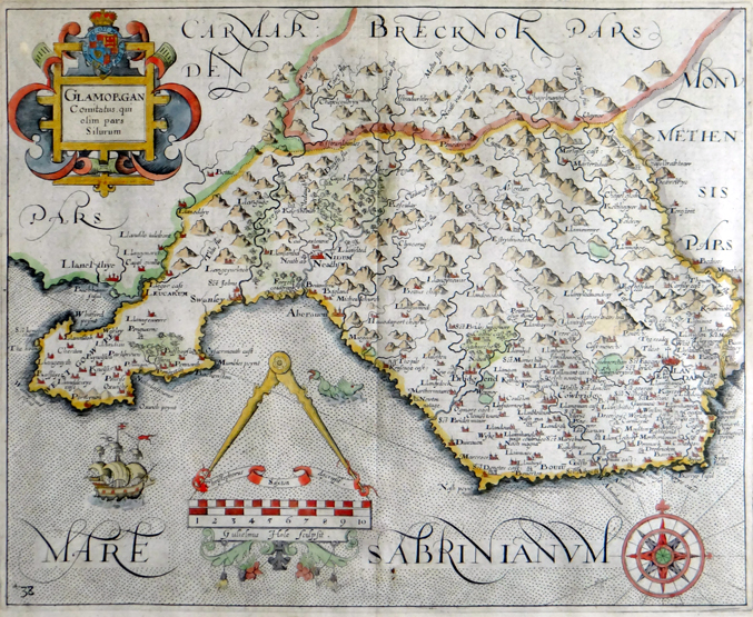 CHRISTOPHER SAXTON antique coloured map of ‘Glamorgan’, 29 x 35cms