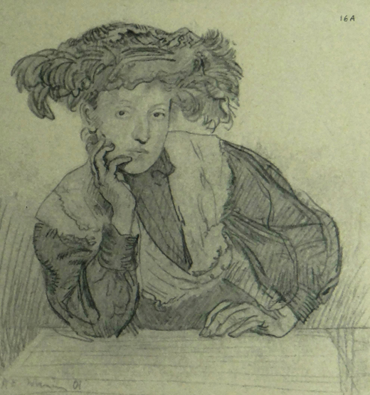 AUGUSTUS JOHN print - reproduction of a pencil study portrait of a girl in feather hat, 15 x