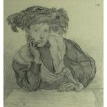 AUGUSTUS JOHN print - reproduction of a pencil study portrait of a girl in feather hat, 15 x