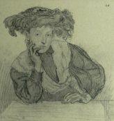 AUGUSTUS JOHN print - reproduction of a pencil study portrait of a girl in feather hat, 15 x