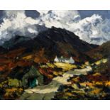 CHARLES WYATT WARREN oil on board - track leading to Snowdonia farmhouse, entitled verso ‘Hill Farm,