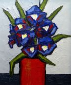 DAVID BARNES oil on board - still life of irises in a vase, signed verso, 29 x 24cms