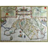 JOHN SPEED antique coloured map of ‘Glamorgan Shyre’ with town-maps of Cardiff and Llandaff,