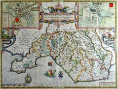 JOHN SPEED antique coloured map of ‘Glamorgan Shyre’ with town-maps of Cardiff and Llandaff,