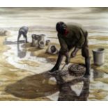 E A WILLIAMS watercolour - beach scene with figures entitled ‘Cockle Pickers, Penclawdd’, signed and