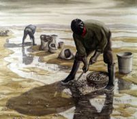E A WILLIAMS watercolour - beach scene with figures entitled ‘Cockle Pickers, Penclawdd’, signed and