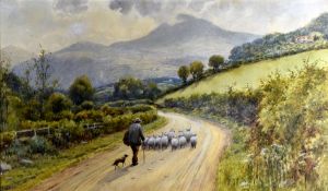 WARREN WILLIAMS watercolour - shepherd and dog driving sheep along country lane, 35 x 55cms