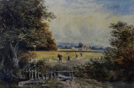 DAVID COX watercolour - landscape with four harvesters, signed and dated 1846, 23 x 33cms.