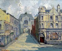 CHARLES WYATT WARREN oil on board - Caernarfon street scene, signed, 50 x 60cms