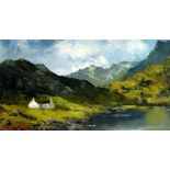 CHARLES WYATT WARREN oil on board - whitewashed cottage at edge of lakeside, entitled verso ‘Hafod