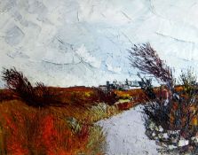 GWILYM PRICHARD oil on canvas - lane and farmland with distant outbuildings, signed, 40 x 50cms