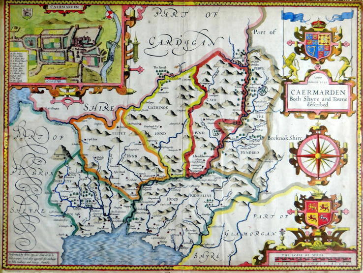 JOHN SPEED antique coloured map of ‘Caermarden - Both Shyre and Towne Described’, Sudbury & Humble