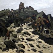 SIR KYFFIN WILLIAMS RA oil on canvas - group of seven men with dogs descending from mountain in