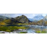 CHARLES WYATT WARREN oil on board - Snowdonia mountain scene with lake to foreground, signed, 24 x