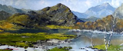 CHARLES WYATT WARREN oil on board - Snowdonia mountain scene with lake to foreground, signed, 24 x
