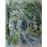 ESTHER GRAINGER watercolour - tree lined roadway, label verso ‘Esther Grainger Exhibition 1973’