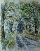 ESTHER GRAINGER watercolour - tree lined roadway, label verso ‘Esther Grainger Exhibition 1973’