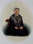 UNKNOWN oval watercolour - mid nineteenth century watercolour of a seated Welsh lady wearing a