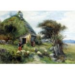 NELLIE CLOUGH watercolour - thatched rural cottage with figure and sheep on a path, signed, 12.5 x