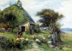 NELLIE CLOUGH watercolour - thatched rural cottage with figure and sheep on a path, signed, 12.5 x