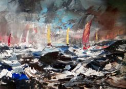 NATHAN JONES oil on board - a regatta with racing yachts on a choppy sea, signed and dated 2014,