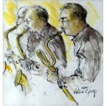 VALERIE GANZ mixed media - study of three saxophone playing jazz musicians, signed, 21 x 20cms