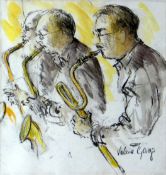 VALERIE GANZ mixed media - study of three saxophone playing jazz musicians, signed, 21 x 20cms