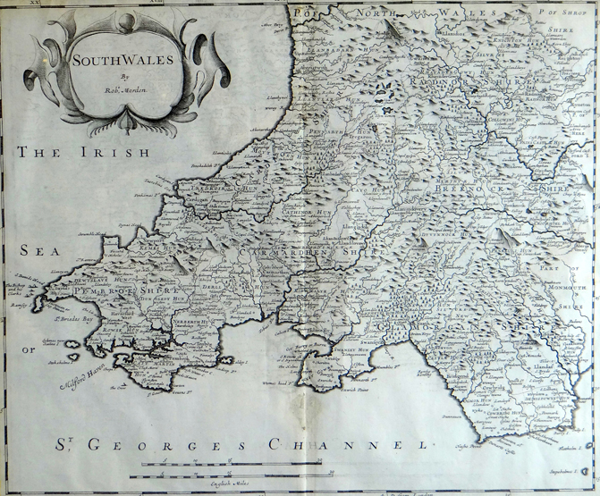 ROBERT MORDEN antique map of ‘South Wales’, 36 x 43cms