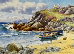 WARREN WILLIAMS ARCA watercolour - busy coastal scene at Cemaes, Anglesey with fishermen, boats