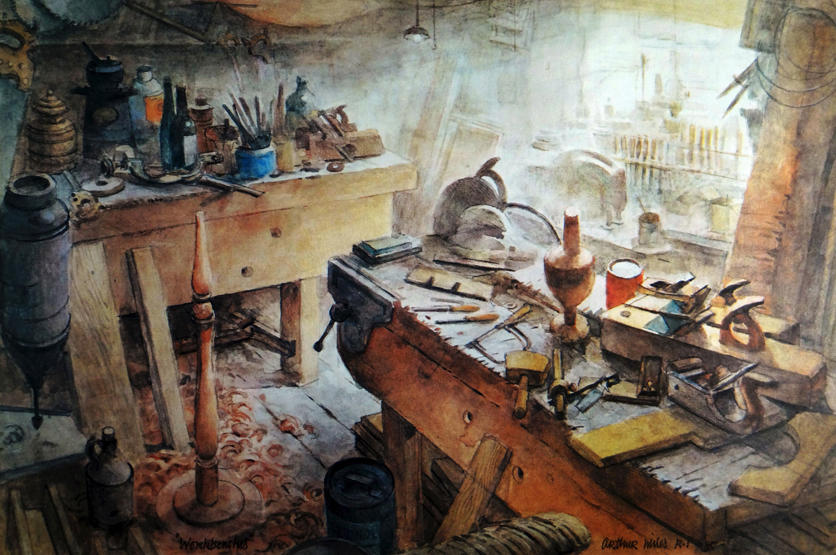 ARTHUR MILES coloured prints, a pair and another - workshop interior scenes and a single