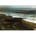 DONALD McINTYRE acrylic - seascape with breakwaters, signed with initials and entitled verso ‘Sea