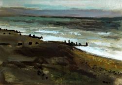 DONALD McINTYRE acrylic - seascape with breakwaters, signed with initials and entitled verso ‘Sea