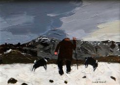 OWEN MEILIR oil on canvas - farmer and dogs, signed, 29 x 39cms