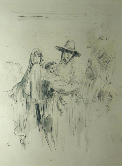 AUGUSTUS JOHN print - sketch of three figures and a child, 39 x 29cms