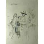 AUGUSTUS JOHN print - sketch of three figures and a child, 39 x 29cms