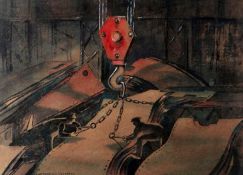 ARTHUR RICHARDS watercolour - steel workers entitled ‘Steel Plates, Purchased from the Arts Councils