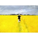 JOHN KNAPP FISHER oil on board - figure standing in field with arms outstretched looking away into