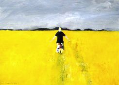 JOHN KNAPP FISHER oil on board - figure standing in field with arms outstretched looking away into