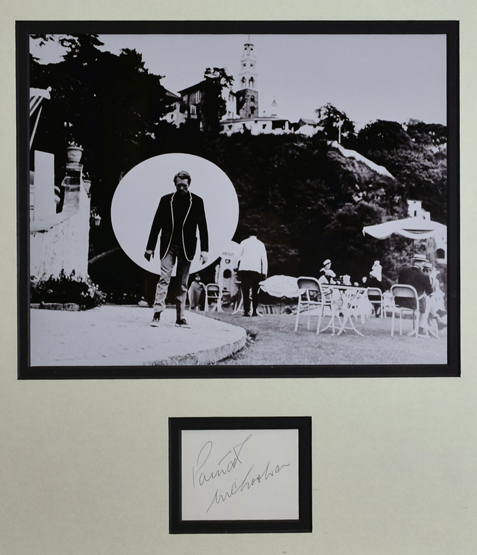 PATRICK McGOOHAN AUTOGRAPH framed as one with a black and white still photograph of the actor on