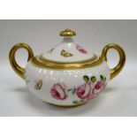 A SWANSEA PORCELAIN SUCRIER & LID of fluted form with gilded elevated loop handles and finial,