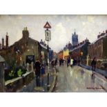 DONALD McINTYRE early oil on board - busy Bangor street scene, signed in full and entitled on
