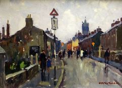 DONALD McINTYRE early oil on board - busy Bangor street scene, signed in full and entitled on