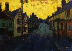 HYWEL HARRIES oil on board - valleys street scene entitled verso ‘Skyline Pontypridd’, signed, 43