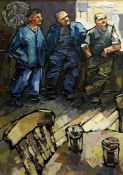 IFOR PRITCHARD oil on canvas triptych - quarrymen in conversation in a pub, each signed, 45 x 32cms