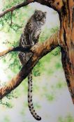 JULIE BARBOUR watercolour - leopard crouched on tree branch, entitled verso ‘Leopard Watch’, signed,