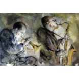 VALERIE GANZ mixed media - portraits of two musicians playing jazz - a saxophone and a flugelhorn
