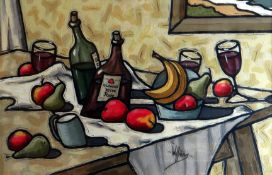 ALAN WILLIAMS acrylic on paper - still life of fruit and bottles on table, entitled verso, ‘Still