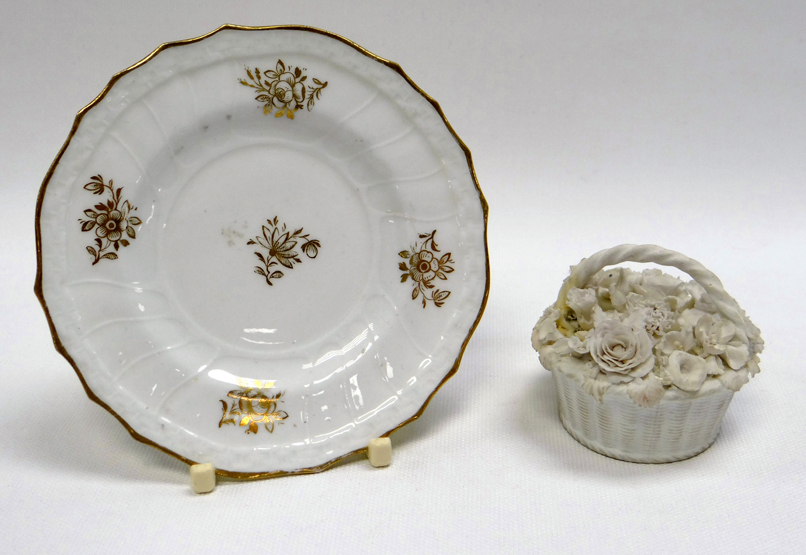 RARE SWANSEA BISCUIT PORCELAIN BASKET of circular form with moulded flowers, 4.6cms high; together - Image 2 of 2