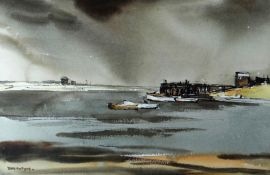 DONALD MCINTYRE mixed media - entitled ‘Boats at a Jetty’, signed, 36 x 54cms