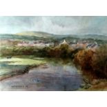 ARTHUR MILES watercolour - view of river bending with village in background, signed and dated ‘83,